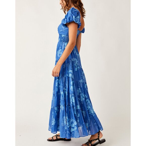 FREE PEOPLE Sundrenched Short Sleeve Maxi Dress / Sapphire Combo - Picture 2 of 6